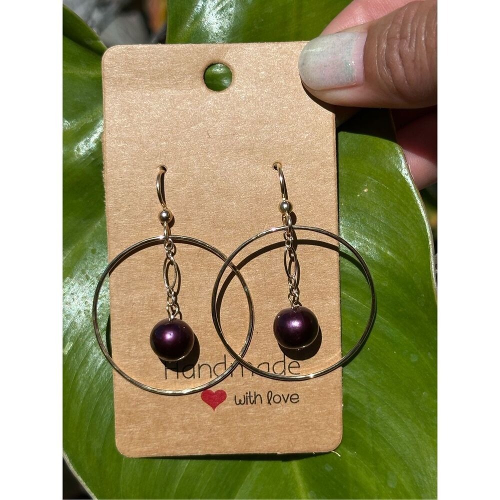 Handmade Hoop Earrings Plum Purple Freshwater Pearl Dangle Drop Gold-Filled NEW